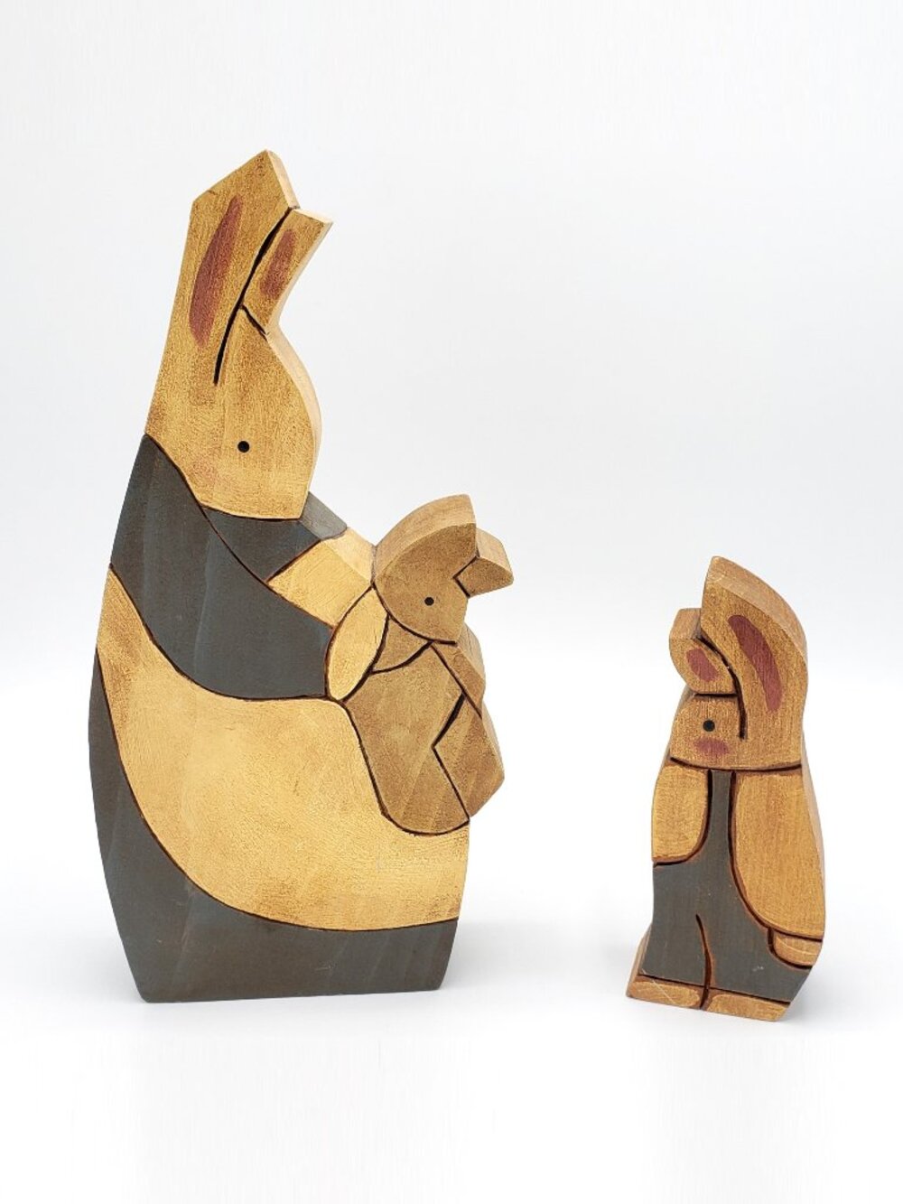 Vintage Carved Wood Easter Rabbit Figures Folk Art Bunny Decoration Cottagecore